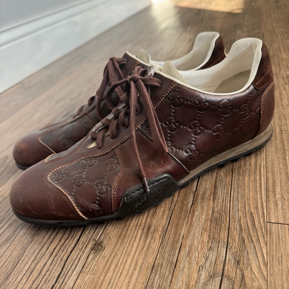 Gucci Men's Brown Leather Monogram Sneakers Size 8.5